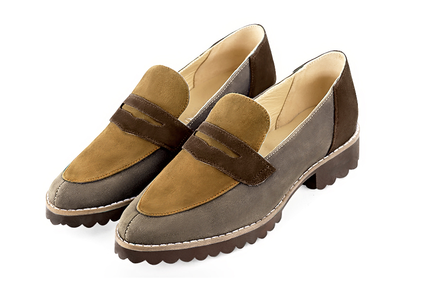 Tan beige, mustard yellow and chocolate brown women's casual loafers. Round toe. Flat rubber soles. Front view - Florence KOOIJMAN
